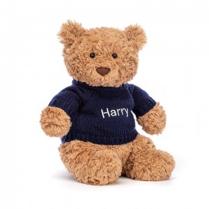 Medium Jellycat Bartholomew Bear with Personalised Navy Jumper 28 CM X 12 CM | 01679GNPX