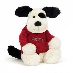 Medium Jellycat Bashful Black & Cream Puppy with Personalised Red Jumper 31 CM X 12 CM | 19726JMCI