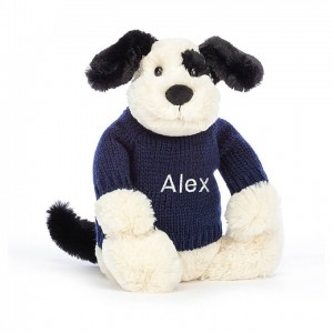 Medium Jellycat Bashful Black & Cream Puppy with Personalised Navy Jumper 31 CM X 12 CM | 76192KXQN