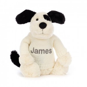 Medium Jellycat Bashful Black & Cream Puppy with Personalised Cream Jumper 31 CM X 12 CM | 32190XGPJ