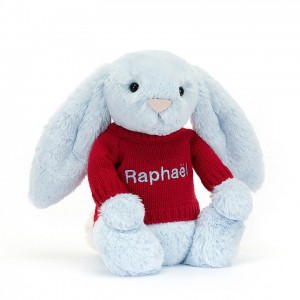 Medium Jellycat Bashful Blue Bunny with Personalised Red Jumper 31 CM X 12 CM | 14970FHOR