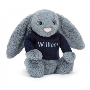Medium Jellycat Bashful Dusky Blue Bunny with Personalised Navy Jumper 31 CM X 12 CM | 91736DTWN