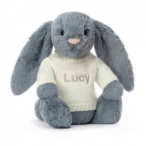 Medium Jellycat Bashful Dusky Blue Bunny with Personalised Cream Jumper 31 CM X 12 CM | 46907XKLN