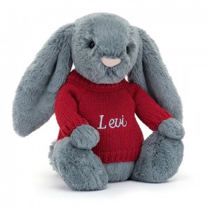Medium Jellycat Bashful Dusky Blue Bunny with Personalised Red Jumper 31 CM X 12 CM | 35684ECPW
