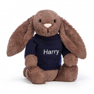 Medium Jellycat Bashful Fudge Bunny with Personalised Navy Jumper 31 CM X 12 CM | 70596UOVI