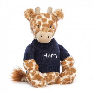 Medium Jellycat Bashful Giraffe with Personalised Navy Jumper 31 CM X 12 CM | 24730GZDI