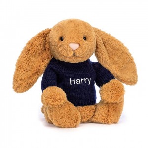 Medium Jellycat Bashful Golden Bunny with Personalised Navy Jumper 31 CM X 12 CM | 91876YPSK