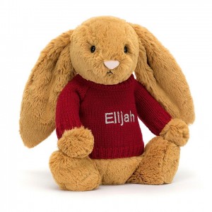 Medium Jellycat Bashful Golden Bunny with Personalised Red Jumper 31 CM X 12 CM | 23761UMSL