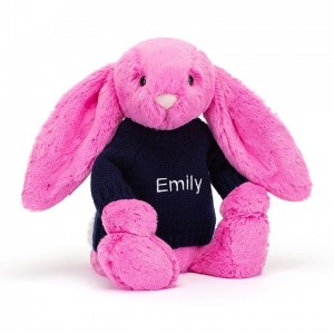 Medium Jellycat Bashful Hot Pink Bunny with Personalised Navy Jumper 31 CM X 12 CM | 57108JBDA