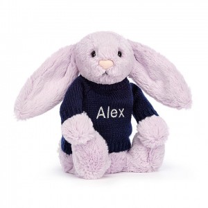Medium Jellycat Bashful Lilac Bunny with Personalised Navy Jumper 31 CM X 12 CM | 81752MNRC