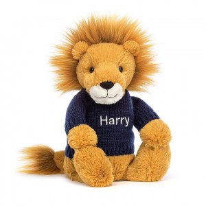 Medium Jellycat Bashful Lion with Personalised Navy Jumper 31 CM X 12 CM | 06587UESH