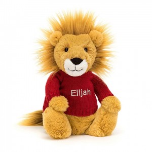 Medium Jellycat Bashful Lion with Personalised Red Jumper 31 CM X 12 CM | 87920IKHZ