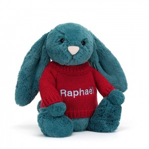 Medium Jellycat Bashful Mineral Blue Bunny with Personalised Red Jumper 31 CM X 12 CM | 40296LFTH