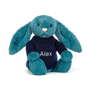 Medium Jellycat Bashful Mineral Blue Bunny with Personalised Navy Jumper 31 CM X 12 CM | 51970EMQY