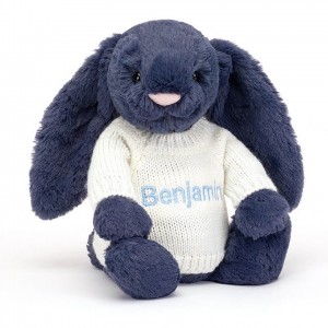 Medium Jellycat Bashful Navy Bunny with Personalised Cream Jumper 31 CM X 12 CM | 13287UESA