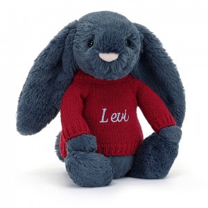 Medium Jellycat Bashful Navy Bunny with Personalised Red Jumper 31 CM X 12 CM | 75923CPLA