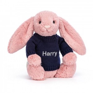 Medium Jellycat Bashful Petal Bunny with Personalised Navy Jumper 31 CM X 12 CM | 56034URYV