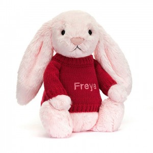 Medium Jellycat Bashful Pink Bunny with Personalised Red Jumper 31 CM X 12 CM | 95864DLVW