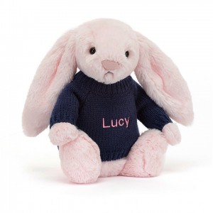 Medium Jellycat Bashful Pink Bunny with Personalised Navy Jumper 31 CM X 12 CM | 28194NFEX