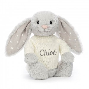 Medium Jellycat Bashful Shimmer Bunny with Personalised Cream Jumper 31 CM X 12 CM | 52749ZQWI