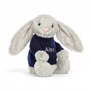 Medium Jellycat Bashful Shimmer Bunny with Personalised Navy Jumper 31 CM X 12 CM | 92317NUSE