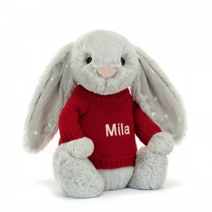 Medium Jellycat Bashful Shimmer Bunny with Personalised Red Jumper 31 CM X 12 CM | 32508OTIA