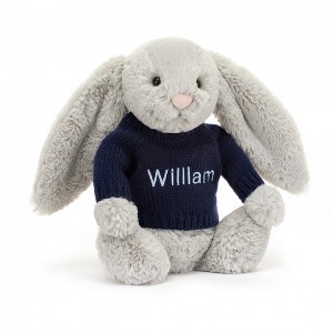 Medium Jellycat Bashful Silver Bunny with Personalised Navy Jumper 31 CM X 12 CM | 38451AGZK