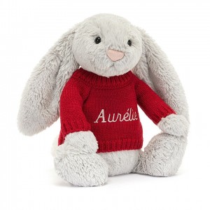 Medium Jellycat Bashful Silver Bunny with Personalised Red Jumper 31 CM X 12 CM | 13974JGIF