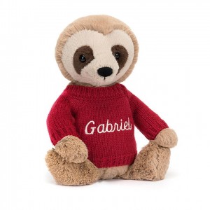 Medium Jellycat Bashful Sloth with Personalised Red Jumper 28 CM X 12 CM | 18753GFWV