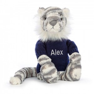 Medium Jellycat Bashful Snow Tiger with Personalised Navy Jumper 31 CM X 12 CM | 50824NJQK