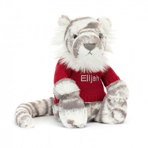Medium Jellycat Bashful Snow Tiger with Personalised Red Jumper 31 CM X 12 CM | 36125IFWV
