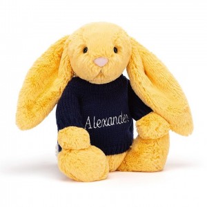 Medium Jellycat Bashful Sunshine Bunny with Personalised Navy Jumper 31 CM X 12 CM | 09568PWFE