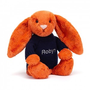 Medium Jellycat Bashful Tangerine Bunny with Personalised Navy Jumper 31 CM X 12 CM | 70861FJLH
