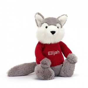 Medium Jellycat Bashful Wolf with Personalised Red Jumper 31 CM X 12 CM | 97408XMTR