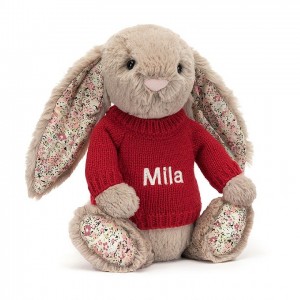 Medium Jellycat Blossom Bea Beige Bunny with Personalised Red Jumper 31 CM X 12 CM | 45376ILPN