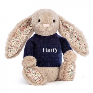 Medium Jellycat Blossom Bea Beige Bunny with Personalised Navy Jumper 31 CM X 12 CM | 78594MYFD