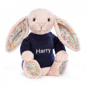 Medium Jellycat Blossom Blush Bunny with Personalised Navy Jumper 31 CM X 12 CM | 13865BEZF