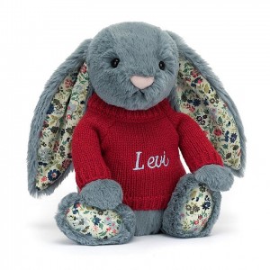 Medium Jellycat Blossom Dusky Blue Bunny with Personalised Red Jumper 31 CM X 12 CM | 90471UIYJ