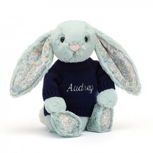 Medium Jellycat Blossom Sage Bunny with Personalised Navy Jumper 31 CM X 12 CM | 04713ABME